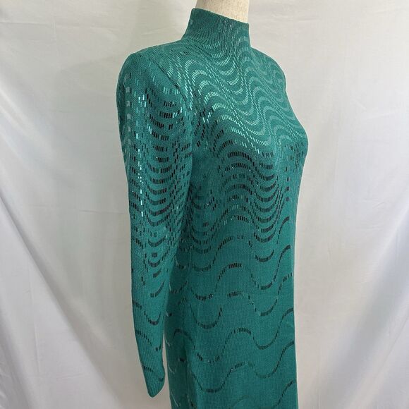 ST. JOHN Metallic Waves Paillette Santana Knit Dress 6/8 Sequins Turquoise - Picture 4 of 10